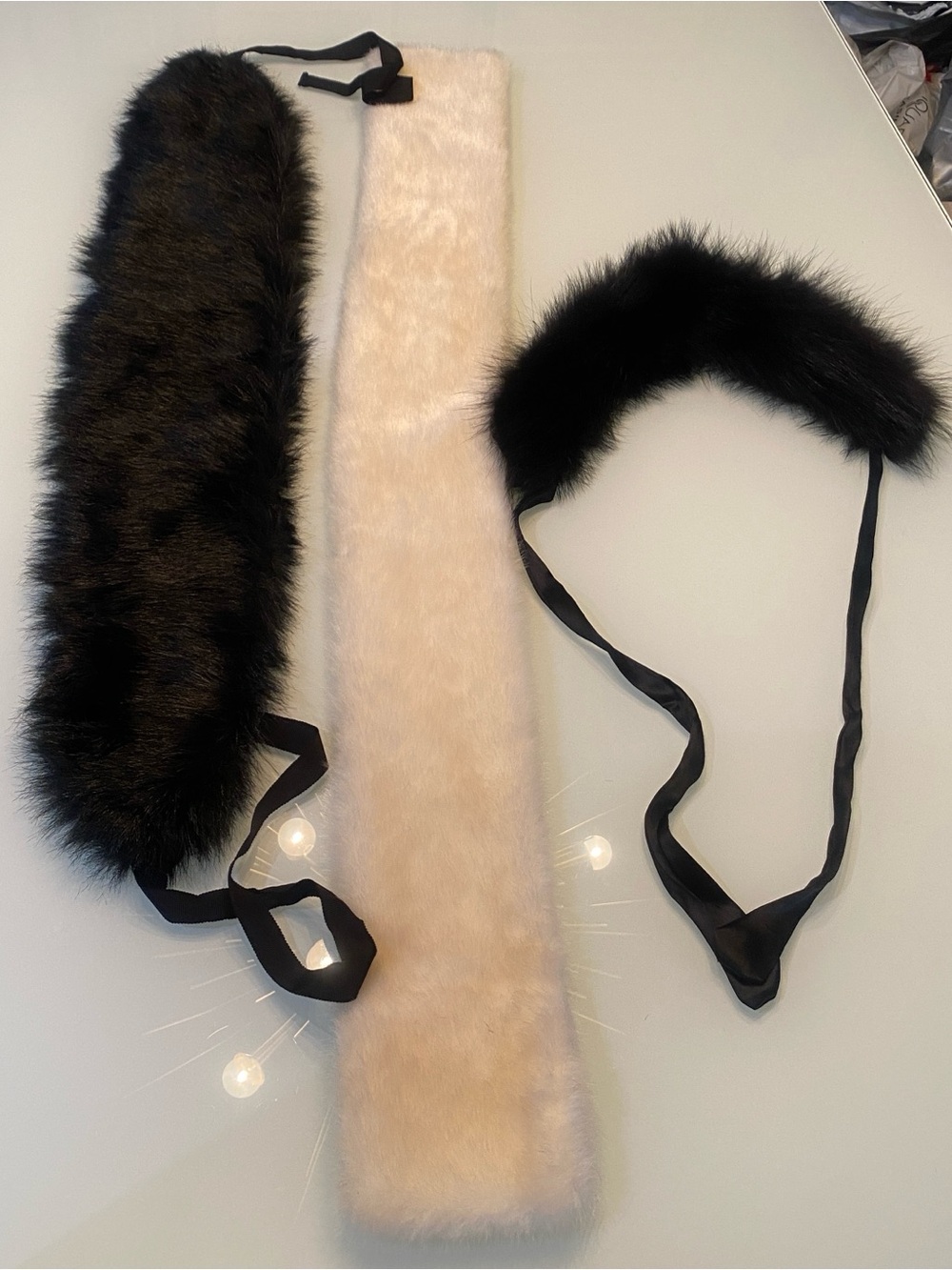 Faux Fur Winter Accessories Bundle - Cejon Cream Stole & Black Fur Ribbon Collar